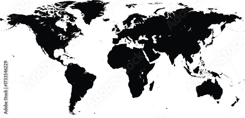 World map silhouette, global landmass vector, black illustration, geography design, continent shapes, nature artwork, educational icon, earth structure