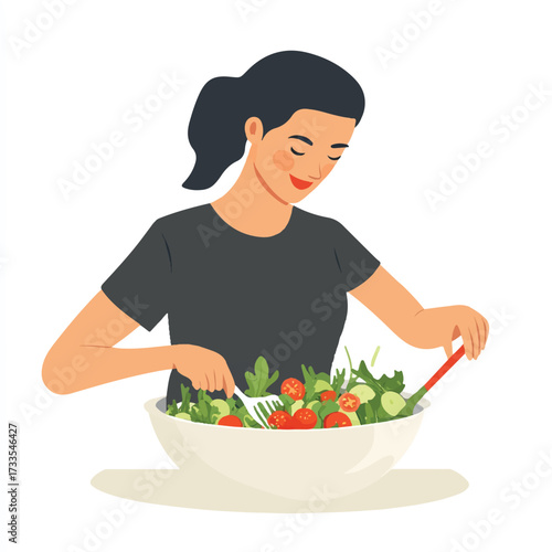 Woman preparing a healthy salad mixing ingredients with a fork focused on healthy eating habits