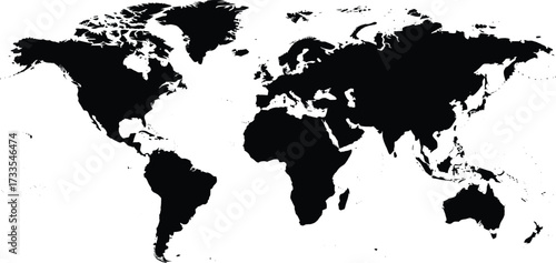 World map silhouette, global continent shapes, black vector illustration, geography design, nature artwork, earth structure, educational icon, landmass layout