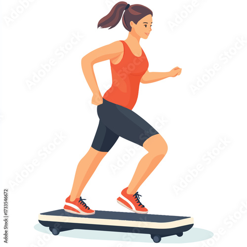 Woman running on a balance board for fitness training and exercise