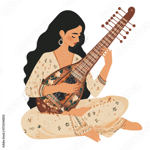 Woman Serenading with Veena A Melodic Moment