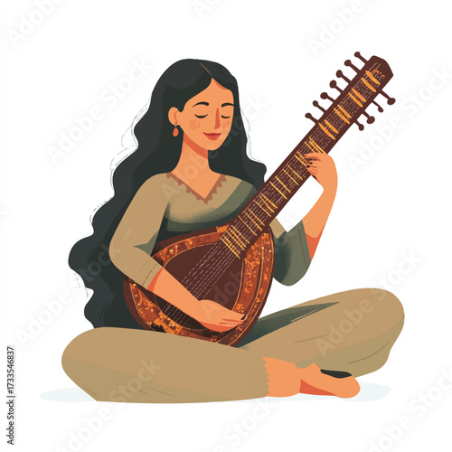  Woman serenely playing a stringed instrument with closed eyes.