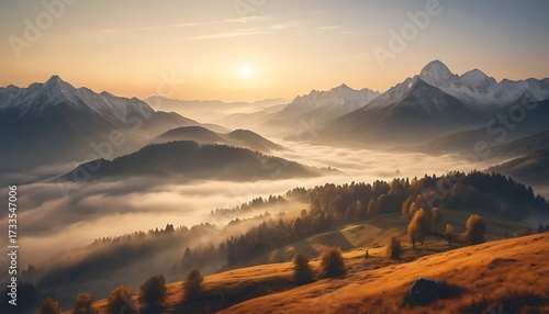 Stunning mountain landscape at sunrise and sunset with snow, fog, and bright clouds over the peaks, a perfect nature view for travel photography