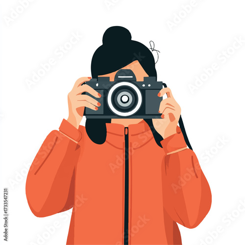 Woman taking a photo with a camera focused on the subject detailed view of the person and camera.