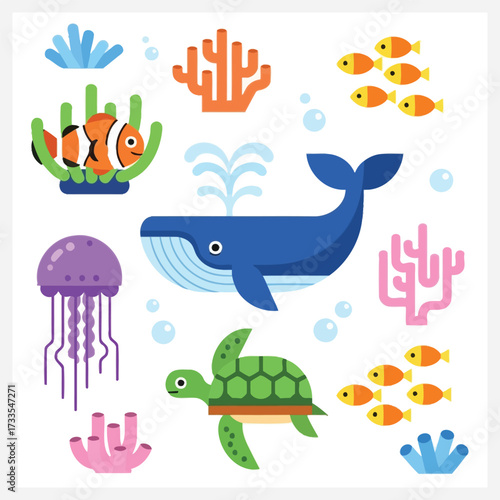 Colorful Underwater Marine Life with Coral Reefs, Fish, Jellyfish, Whale, and Sea Turtle Illustrations