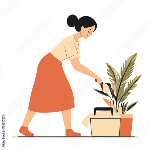Woman tending to a potted plant with a watering can.