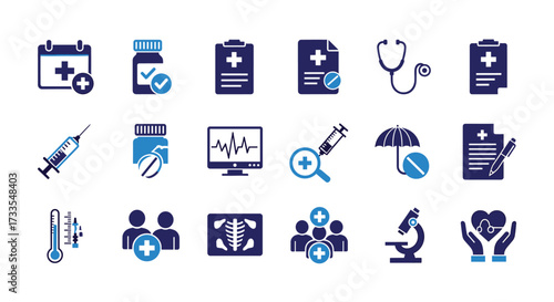 Healthcare and Medical Icon Set - Vector Illustration for Health, Medicine, and Wellness, Featuring Stethoscope, Syringe, Pills and Medical Documentation Symbols