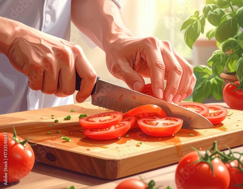 Fresh ripe tomatoes being sliced on wooden cutting board