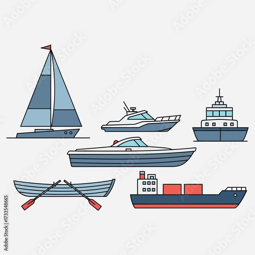 A diverse set of marine vessels and watercraft, featuring a sailboat, yacht, cargo ship, and rowboat in a flat line art illustration style