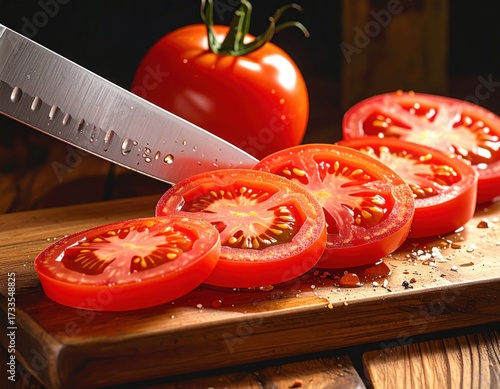 Fresh ripe tomatoes being sliced on wooden cutting board