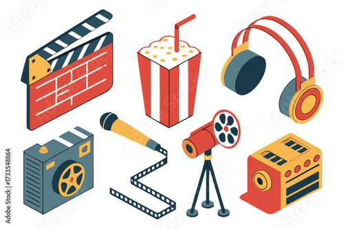 Cinema and Media Elements Icon Set – Popcorn, Tickets, Clapperboard, Headphones, Camera – Isolated Render Pack.