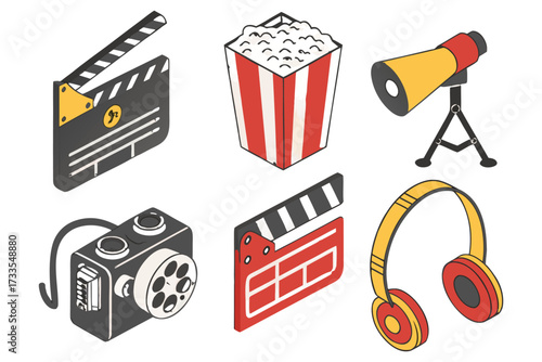 Cinema and Media Elements Icon Set – Popcorn, Tickets, Clapperboard, Headphones, Camera – Isolated Render Pack.