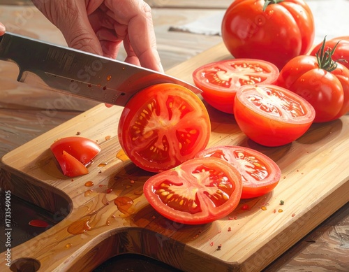 Fresh ripe tomatoes being sliced on wooden cutting board
