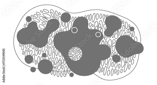 Abstract representation of cellular structures with irregular shapes and internal textures.