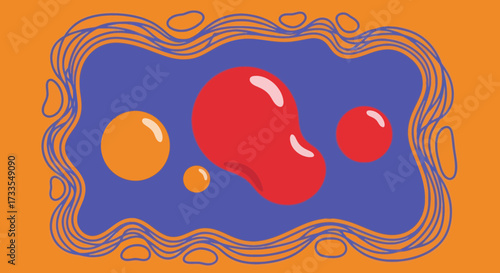 Abstract illustration of colorful liquid blobs floating within a cellular structure on an orange background.