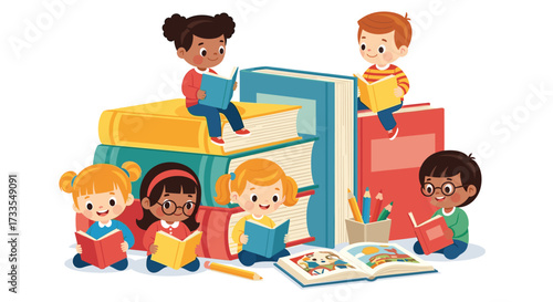 Diverse children reading books together, sitting on and around a stack of oversized colorful books, promoting education, literacy, and the joy of reading