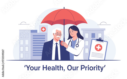 Caring Doctor Offering Health Insurance with Umbrella Protection, Health Building, and Medical Chart for Senior Patient, Emphasizing Patient-Centered Care and Insurance Protection.