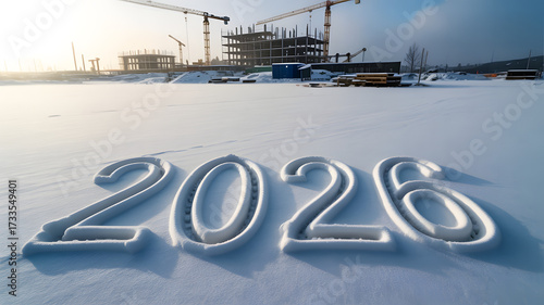  inscription 2026 on snow against the background of construction, New Year greetings, happy new year