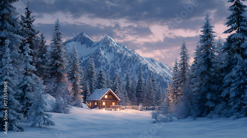 Cozy Winter Cabin in Snowy European Forest with Mountain Background