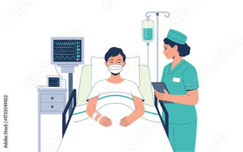 Nurse Caring for Patient in Hospital Bed with IV Drip and Monitor Checking Vital Signs, Focus on Healthcare and Medical Assistance, Recovery
