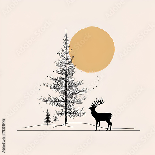 Minimal Scandinavian Christmas Illustration with Deer and Tree