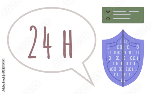 Speech bubble displaying 24H, server icon, and digital shield with binary code visualizing round-the-clock protection, cybersecurity, and data safety. Ideal for security, technology, IT services