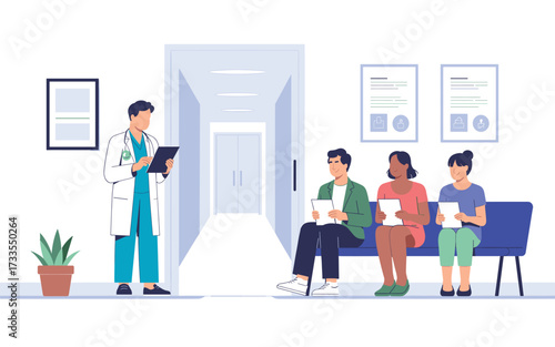 Doctor Consulting Patients in Waiting Room: Healthcare Professionals, Medical Services, and Patient Waiting Area Concept with Diversity, Wellness, and Healthcare Technology in Clinic