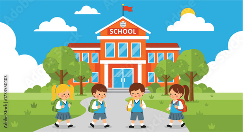 Happy Students Walking to School: Cartoon Illustration of Children with Backpacks on their Way to School Building under a Sunny Blue Sky