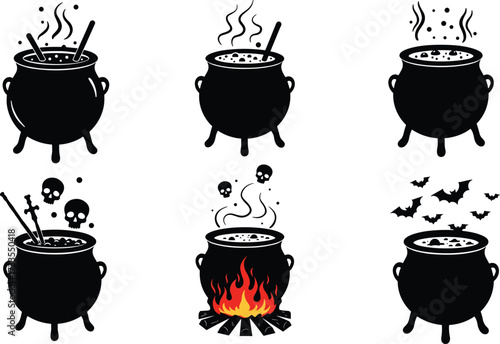 Spooky bubbling witch cauldrons with potion, fire, skulls, and bats, Halloween magic brew silhouettes, occult witchcraft cooking pot vector set