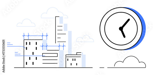 City buildings under construction with scaffolding, next to a large clock. Ideal for time, planning, construction, deadline, productivity, urban development efficiency. Simple flat metaphor