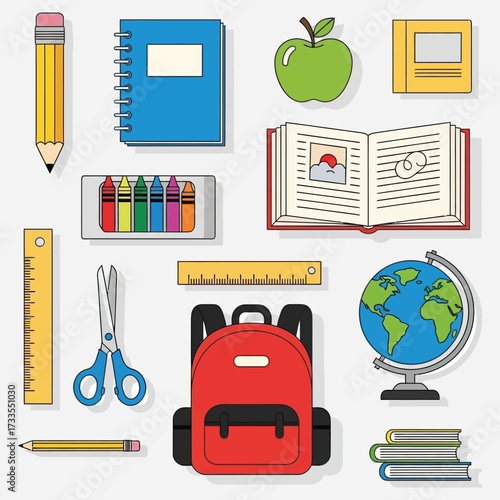 School Supplies Flat Design Icon Set - Back to School Essentials Collection