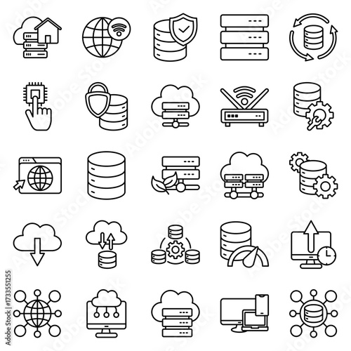 Data Center Set of 25 thin line icon vector illustration.  