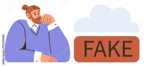 Bearded man reflecting with hand on face, large Fake box, and cloud figure. Ideal for misinformation, skepticism, deception, doubt, decision-making online media awareness. Simple flat metaphor