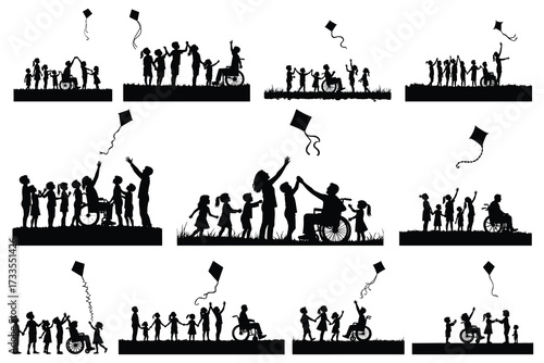 Children and adult in wheelchair flying kites silhouettes