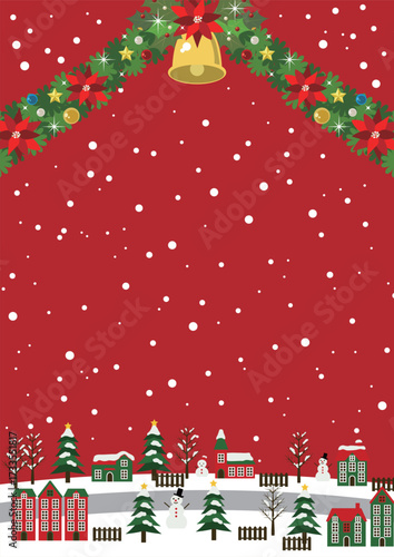 クリスマス背景、街道のある街並み、イラスト、赤、縦、かわいい