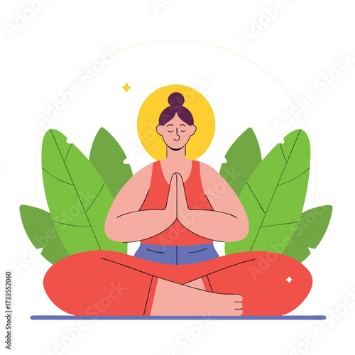 A woman meditating in a lotus position with a peaceful expression, surrounded by large green leaves and a golden halo.