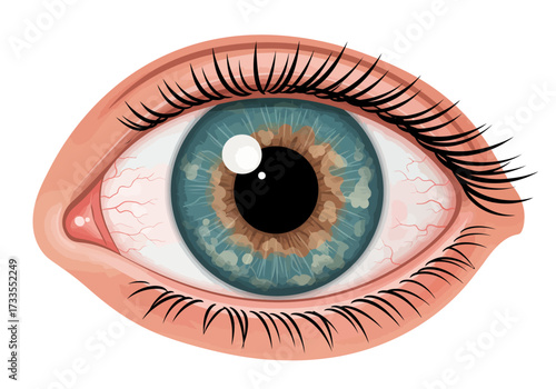Illustration of a Human Eye with Blue Iris and Visible Blood Vessels.