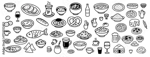 set of hand drawn traditional foods