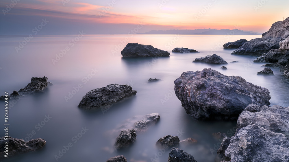 Fototapeta premium Panoramic long-exposure seascape featuring rugged coastal rocks surrounded by silky, mist-like water beneath a moody sky