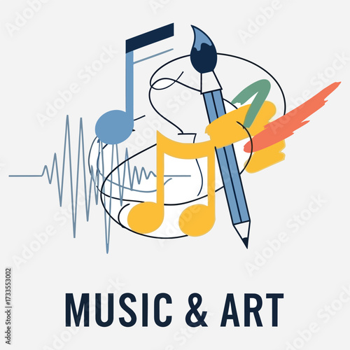 Creative fusion of music and art concept with musical notes, a sound wave, and a paintbrush pencil illustration