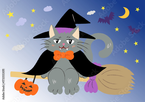 ハロウィンの仮装をしてほうきに座る黒猫　背景あり