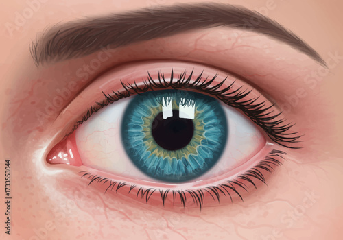 Detailed Illustration of a Striking Blue Eye with Long Lashes.