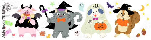 ハロウィンのかわいい手描きイラストセット　ぶた/ねこ/いぬ/りす
