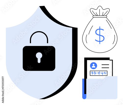 Shield with lock ensures protection, finance bag signifies assets, file folder with data symbolizes sensitive information. Ideal for security, privacy, finance, protection, data management