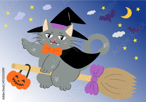 ハロウィンの仮装をして夜空を飛ぶ黒猫　背景あり