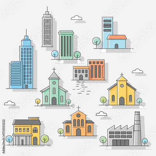Collection of Urban Buildings and Architectural Structures in a Flat Design Style