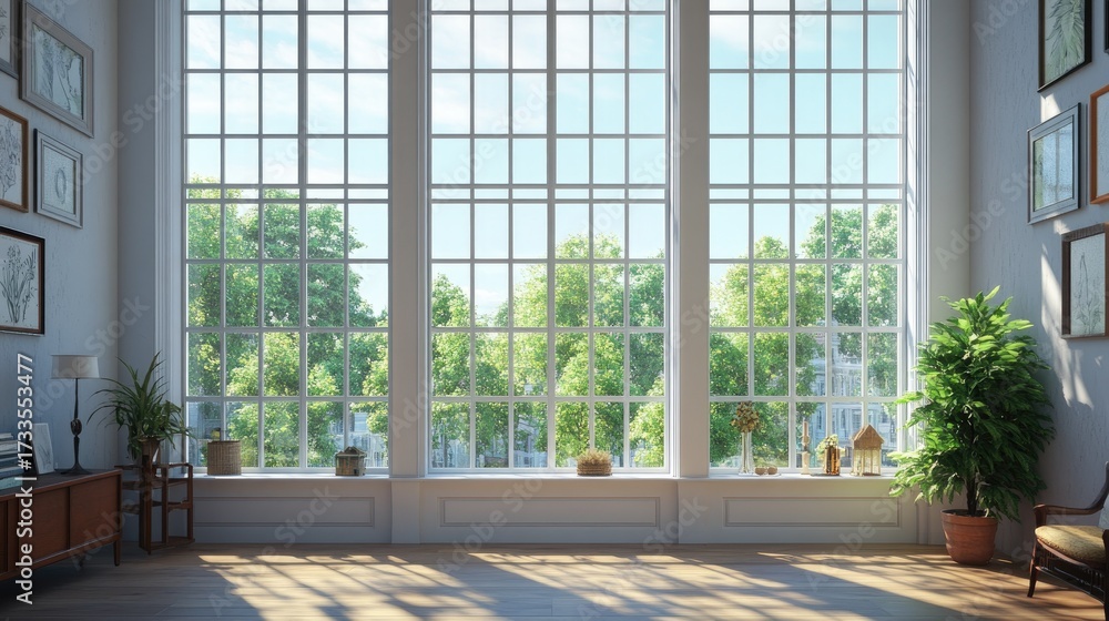 Fototapeta premium Sunlight Streaming Through Large Windows in a Bright Room