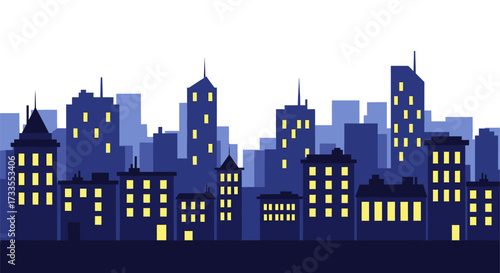 Cityscape at Night with Illuminated Windows.
