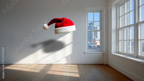Red hat is floating in the air above a window. The hat is upside down and he is in mid-air. The room is empty and has a lot of natural light coming in through the window