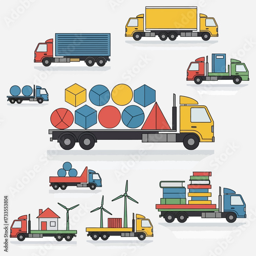 Collection of Colorful Trucks Transporting Various Items and Objects for Transportation and Logistics